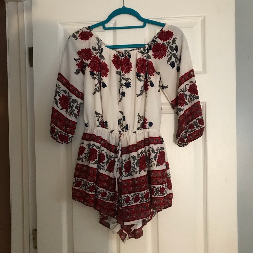 Floral long sleeve off the shoulder romper